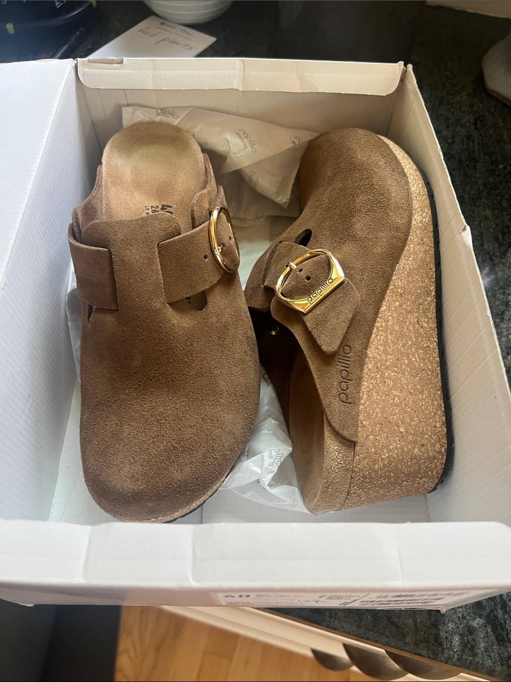 Papillio by BirkenstockBrown Suede Clogs with Gold Buckle Accent